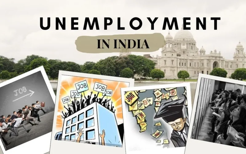 Unemployed Indian youth sitting with job application posters representing unemployment crisis in India.